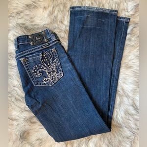 Miss Me Dark Wash Studded Fleur de Lis Signature Boot Cut Blue Jeans
